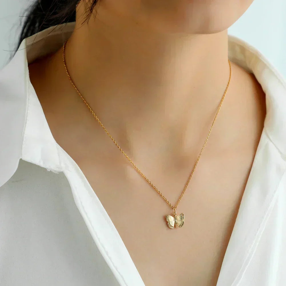 Multilayer Vintage Butterfly Necklace Gold Color 316L Stainless Steel Blade Snake Chain Charms Choker Jewelry Gift – Necklace