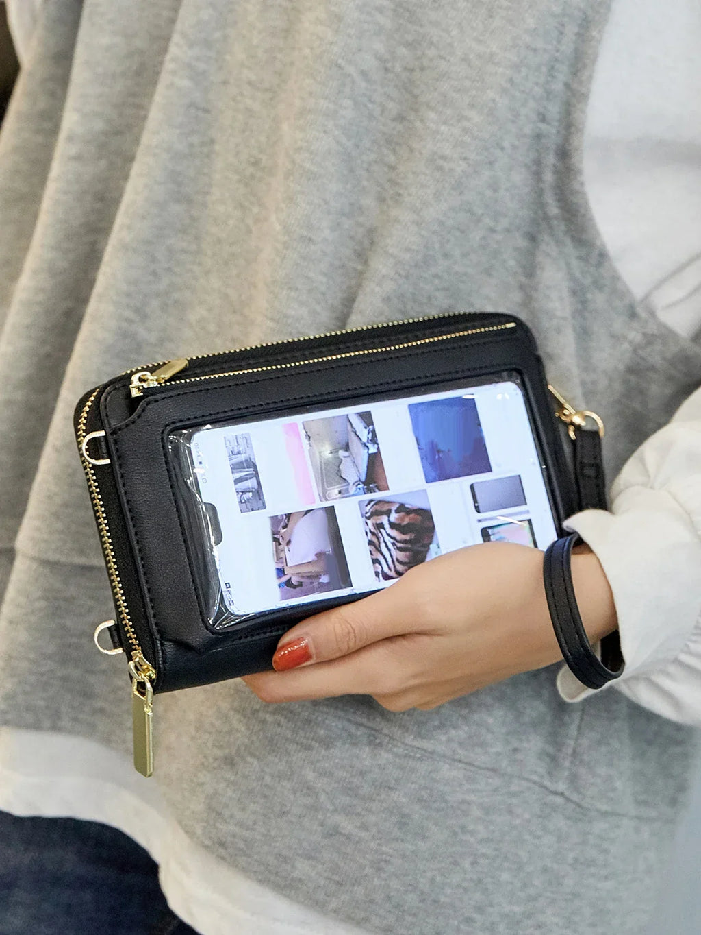 Kompakte Crossbody Handtasche Lederoptik mit Reißverschluss mit