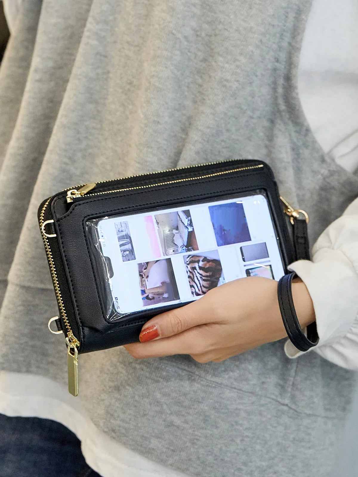 Compact faux leather crossbody bag with zipper with