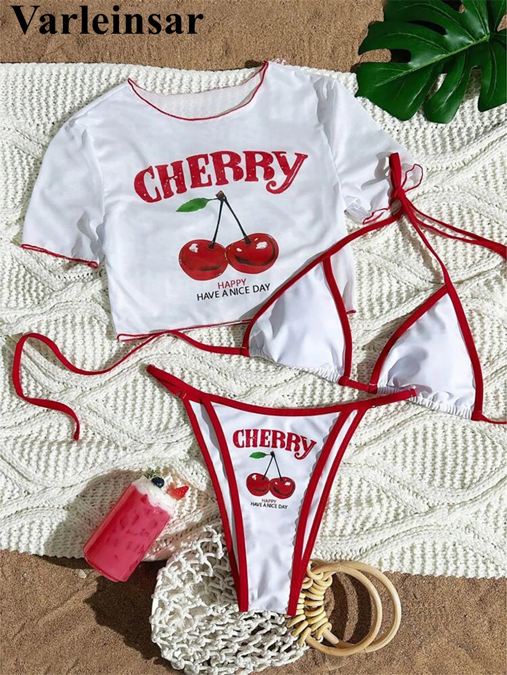 Women's Cherry Print 3-Piece Bikini Set