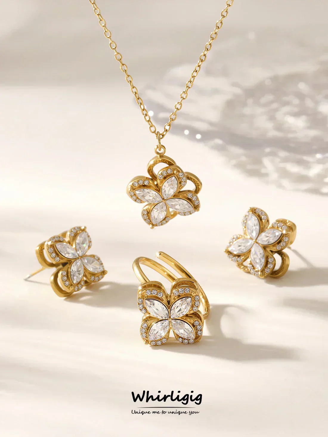Gorgeous Zircon Necklace Earrings Ring Revolving Flower Pendant Gold Plated Chain Stainless Steel Charm Jewelry Gift