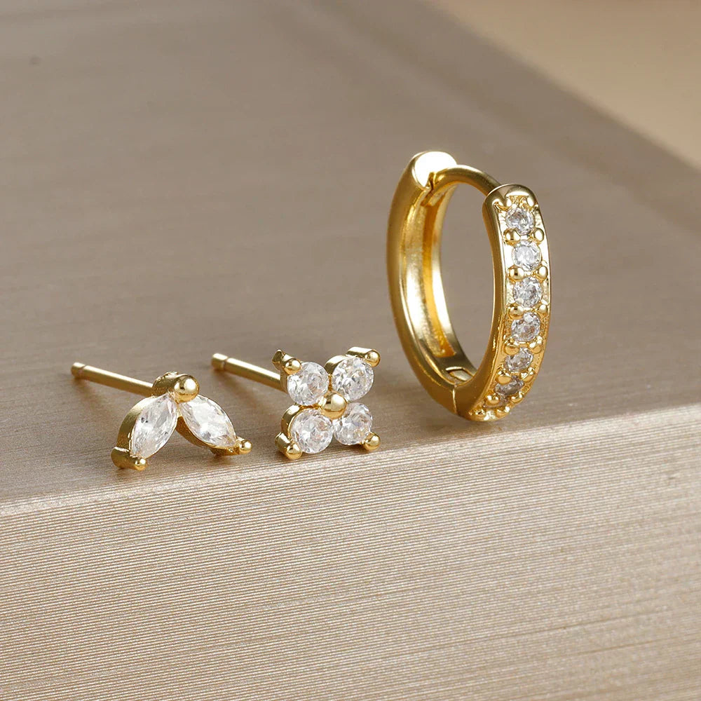 3PCS Stainless Steel Gold Color Circle Hoop Earrings Set Simple Zircon Flower Stud Earring Cartilage Piercing Jewelry