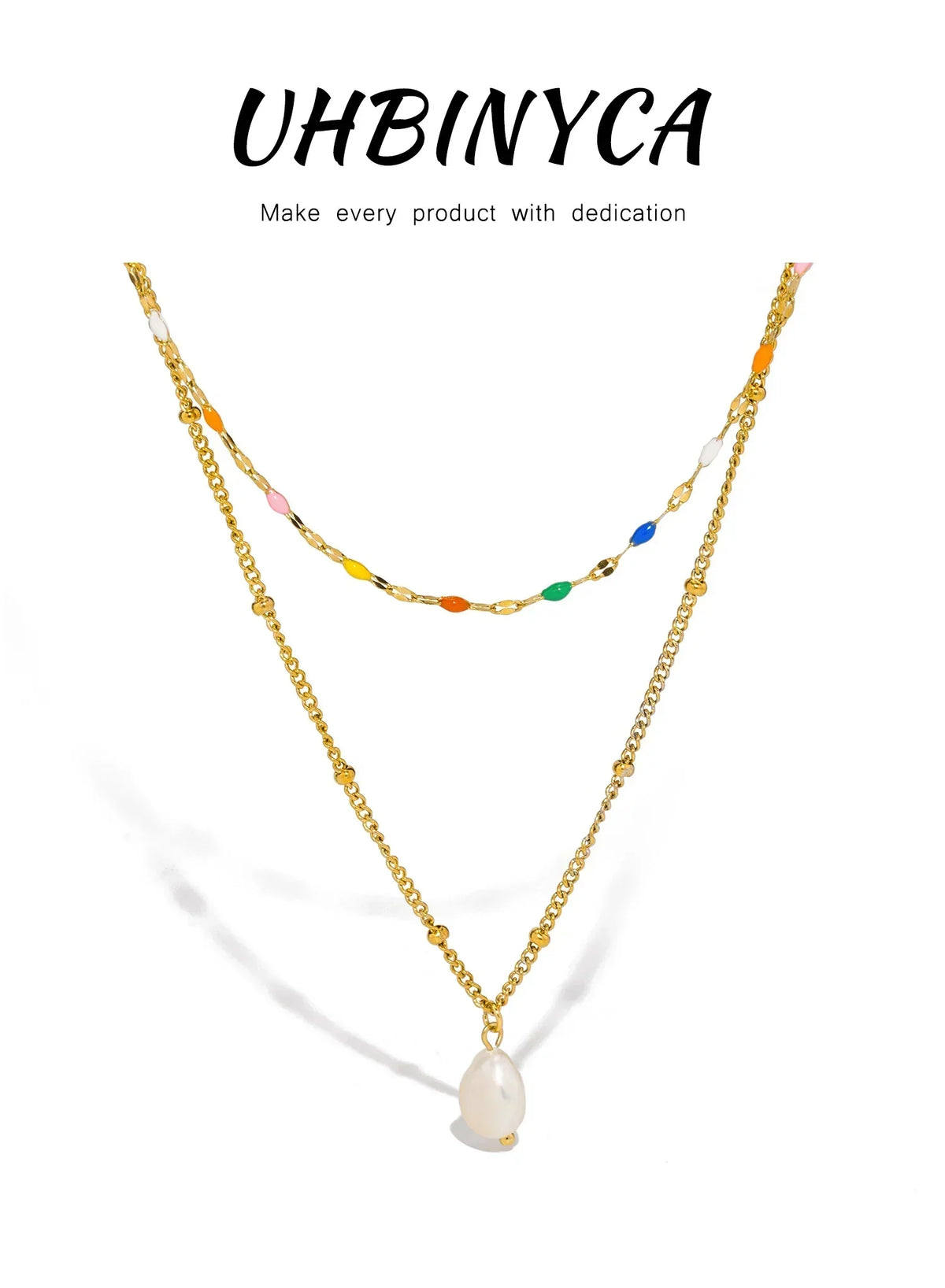 UHBINYCA Double-layer Layered Necklace for Women, Stainless Steel Chain Pearl Charm Pendant Necklace for Daily Jewelry