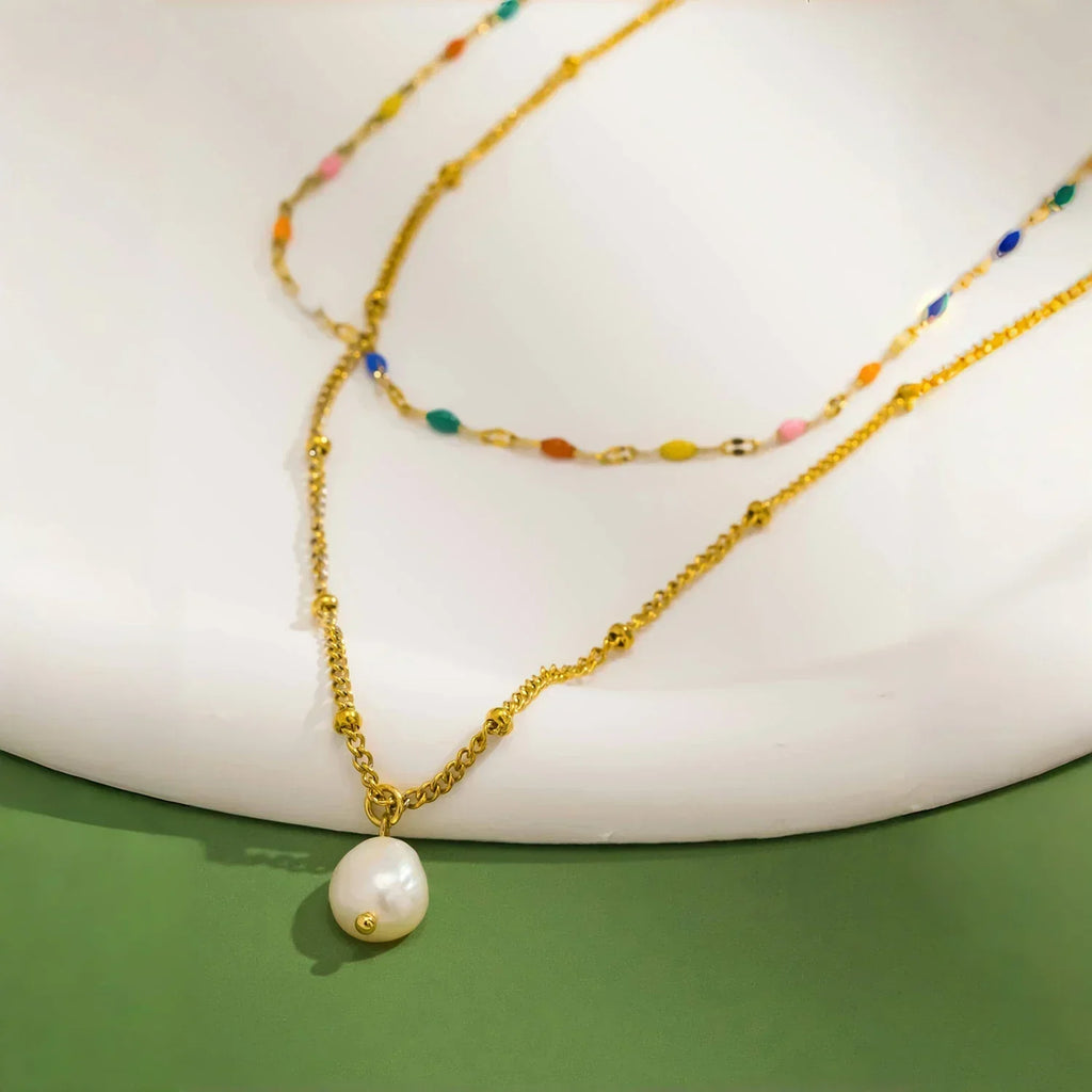 UHBINYCA Double-layer Layered Necklace for Women, Stainless Steel Chain Pearl Charm Pendant Necklace for Daily Jewelry