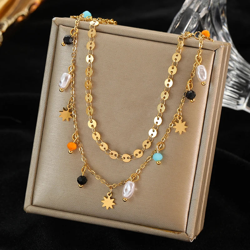 EILIECK 316L Stainless Steel Geometric Colorful Crystal Zirconia Pendant Necklace For Women Fashion Neck Chain Jewelry Gift