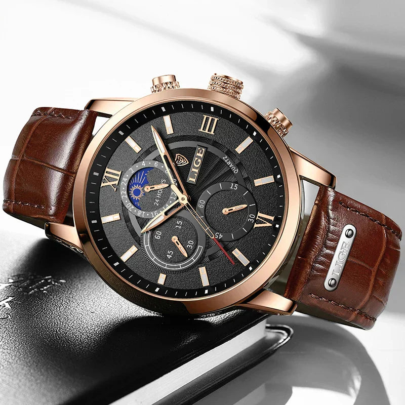 Herren Chronograph – Luxus Quarz-Armbanduhr mit Mondphase & Lederarmband | Sportlich & Elegant | 3ATM Wasserdicht
