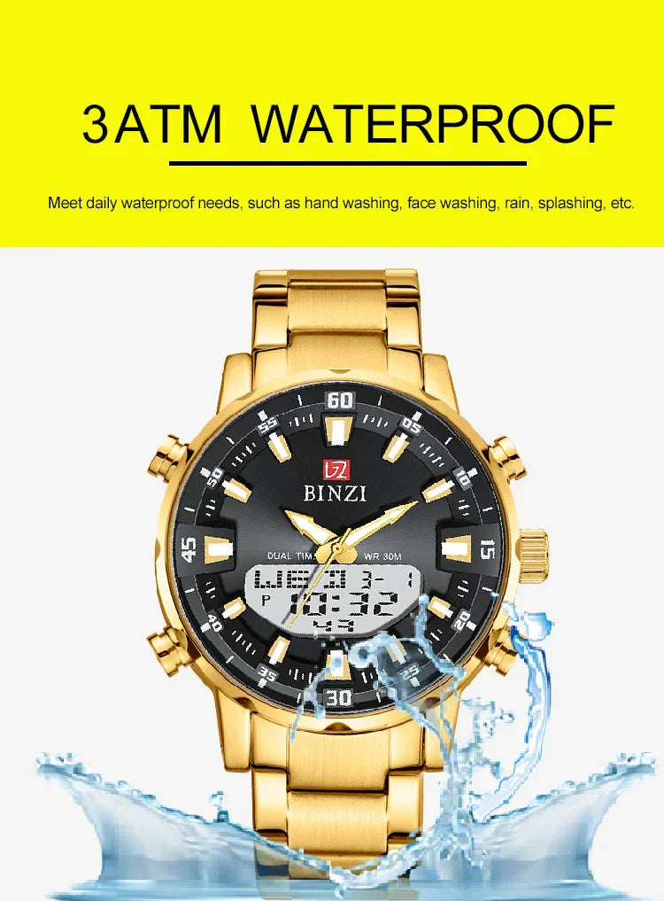 Luxury Men's Wristwatch 2025 – Golden Stainless Steel Watch with Dual Display | Relogio Masculino
