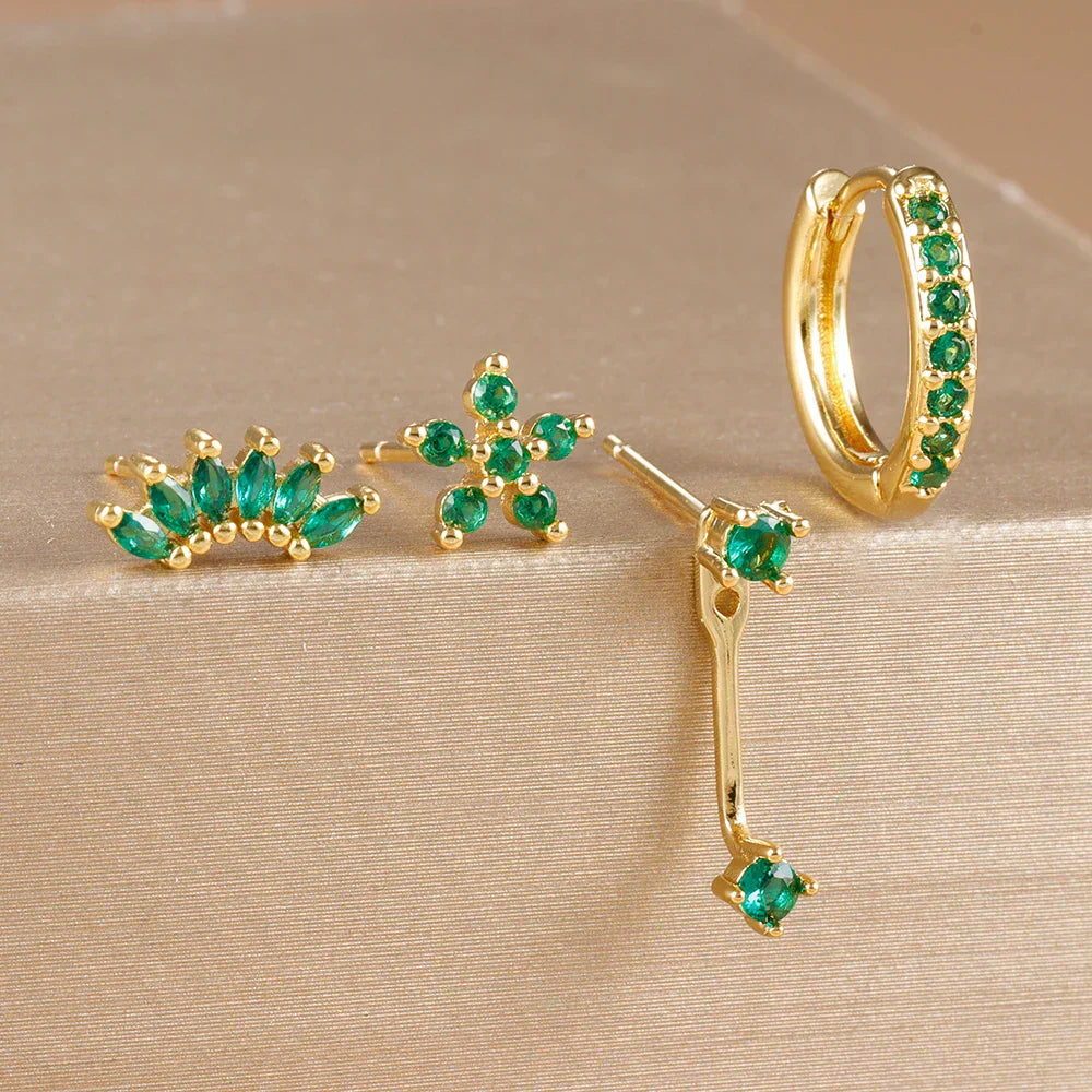 4PCS Stainless Steel Circle Huggie Hoop Earrings Set Gold Color Unique Zircon Flower Stud Earring Piercing Jewelry