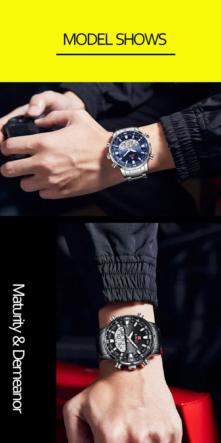 Luxury Men's Wristwatch 2025 – Golden Stainless Steel Watch with Dual Display | Relogio Masculino