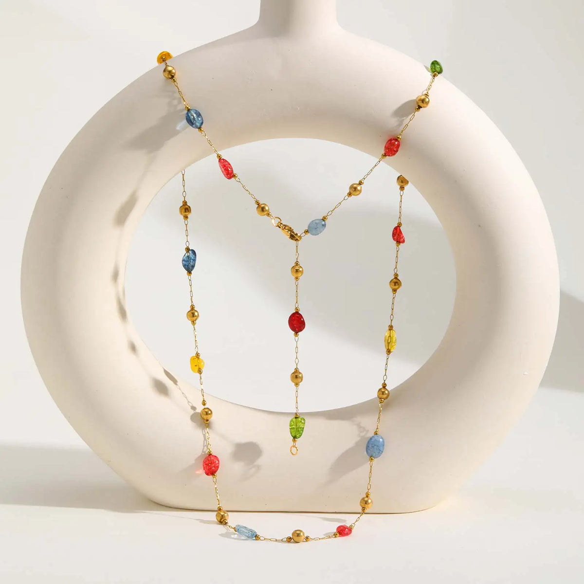 Summer Colorful Rainbow Natural Stone Boho Necklace for Women, Stainless Steel Beaded Chain Y-Shaped Necklace, Fashion Jewelry