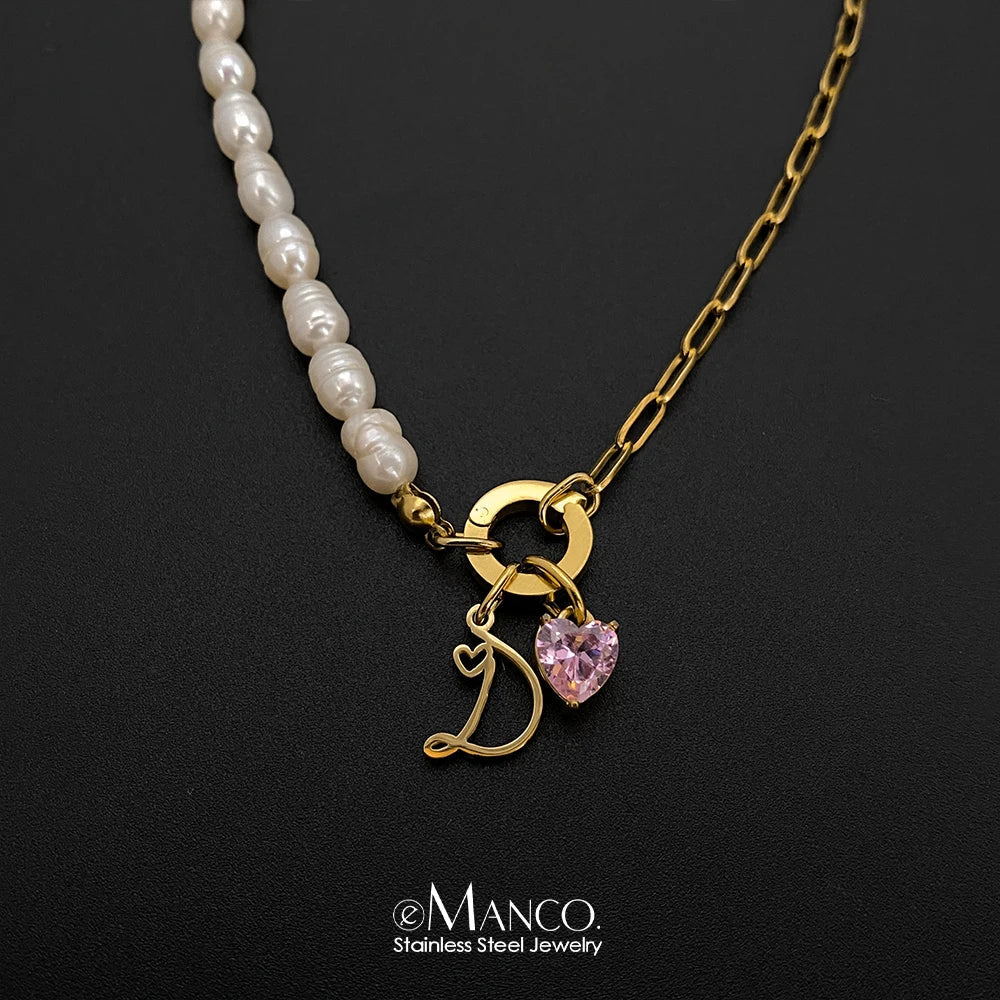 eManco Natural Freshwater Pearl Heart Stainless Steel Cubic Zirconia Pendant Necklace Aesthetic Luxury Chain Jewelry Gift – Necklace