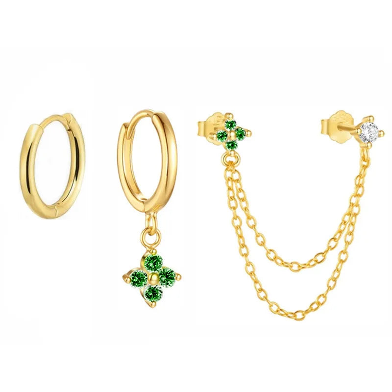 3PCS Fashion Four Zircon Flower Hoop Earring Set Stainless Steel Double Stud Chain Tassel Huggie Piercing Jewelry