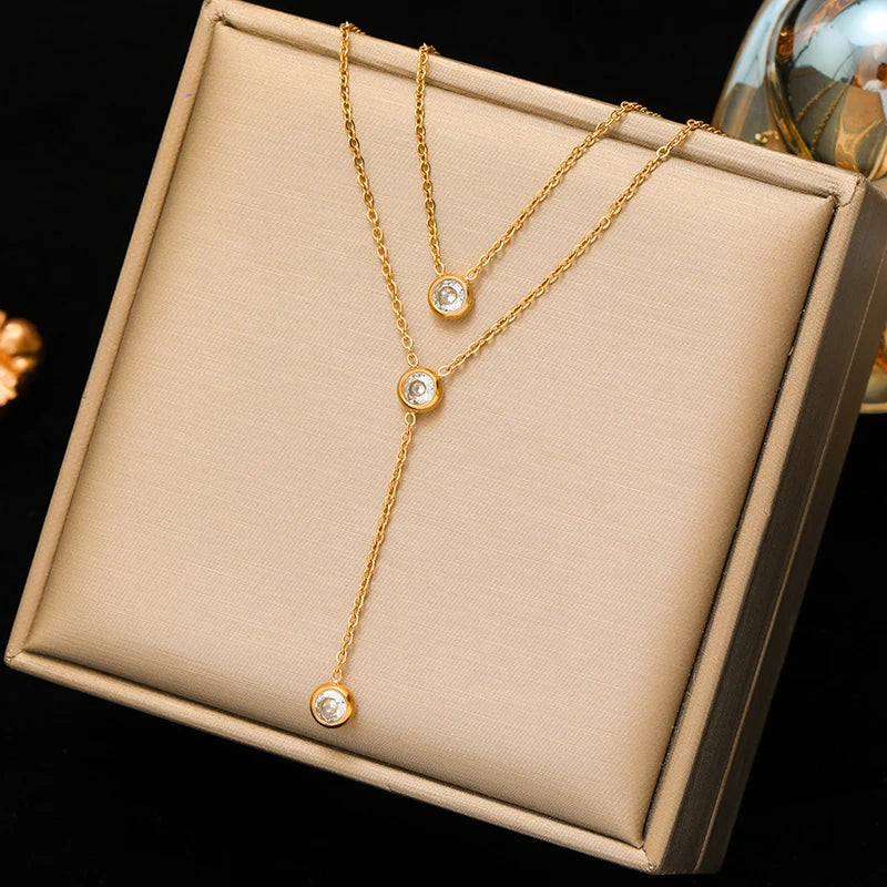 EILIECK 316L Stainless Steel Geometric Colorful Crystal Zirconia Pendant Necklace For Women Fashion Neck Chain Jewelry Gift