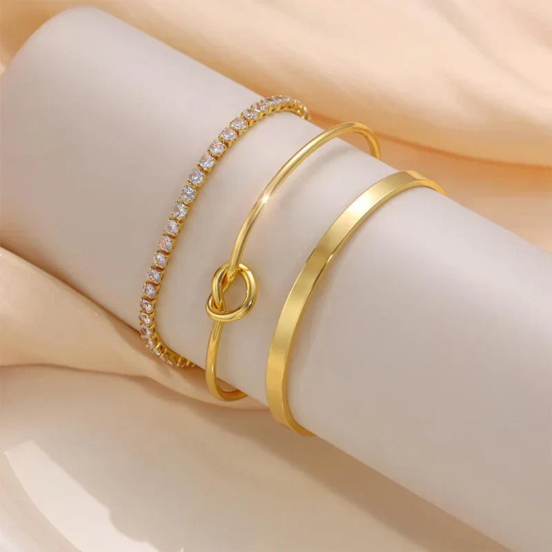 3pcs Stainless Steel Gold Plated Bracelets Adjustable Jewelry Gifts Luxury Zircon Chain Bangles Jewelry Accessories – Necklace