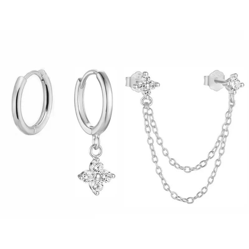 3PCS Fashion Four Zircon Flower Hoop Earring Set Stainless Steel Double Stud Chain Tassel Huggie Piercing Jewelry