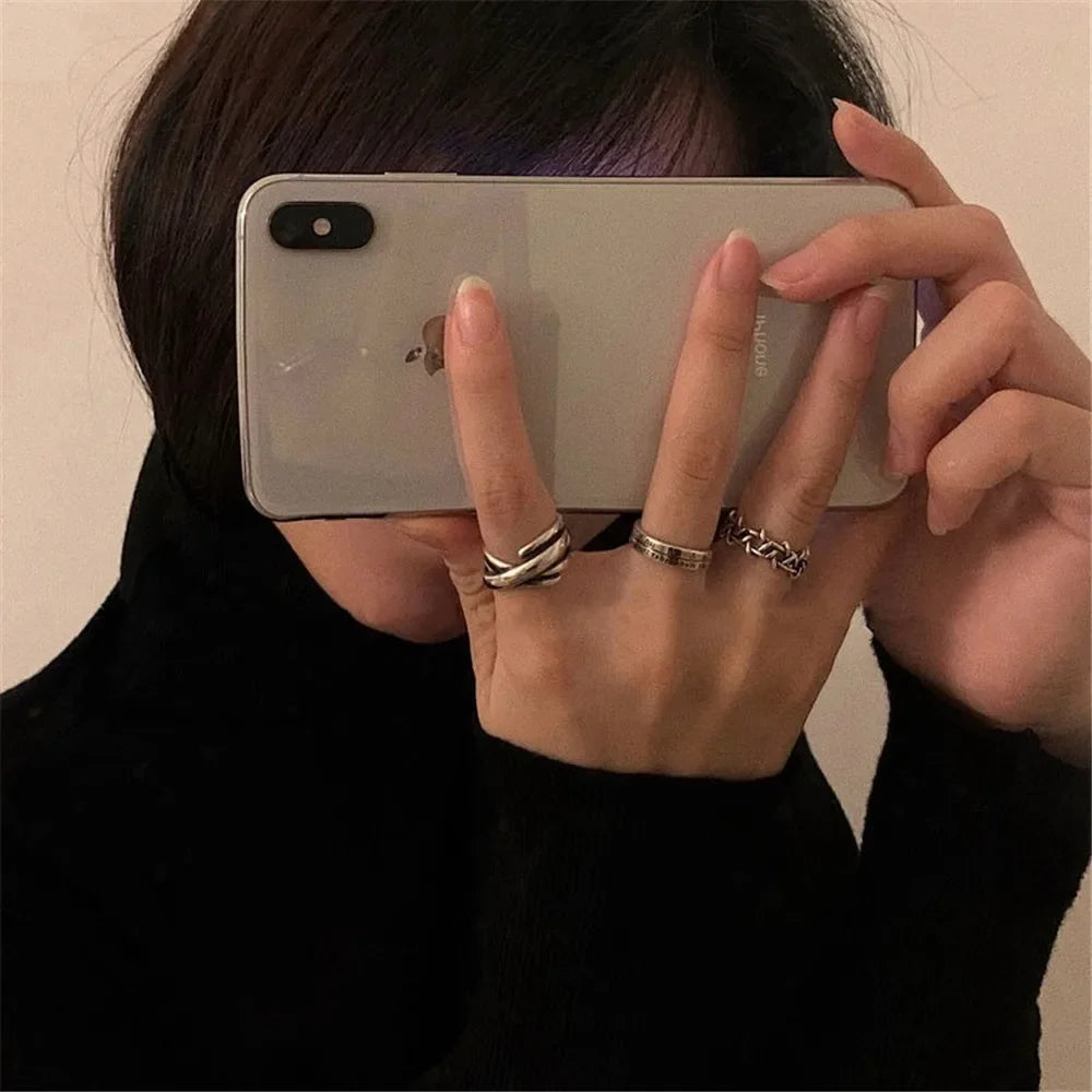 LATS Vintage Pink Roman Numerals Cool Rings Set Rock Hip Hop Twist Geometry Open Ring Fashion Ins Jewelry Gifts