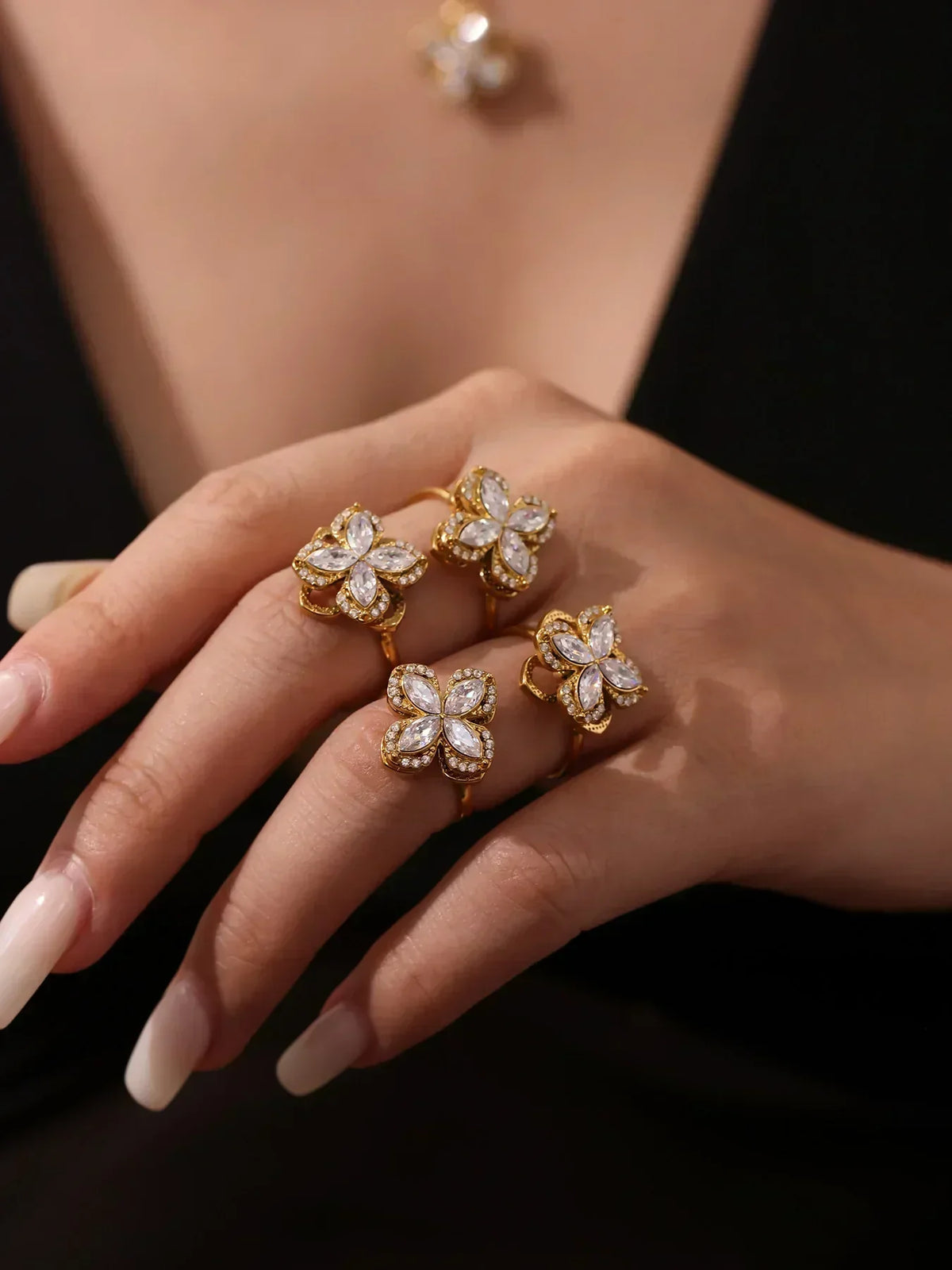 Gorgeous Zircon Necklace Earrings Ring Revolving Flower Pendant Gold Plated Chain Stainless Steel Charm Jewelry Gift