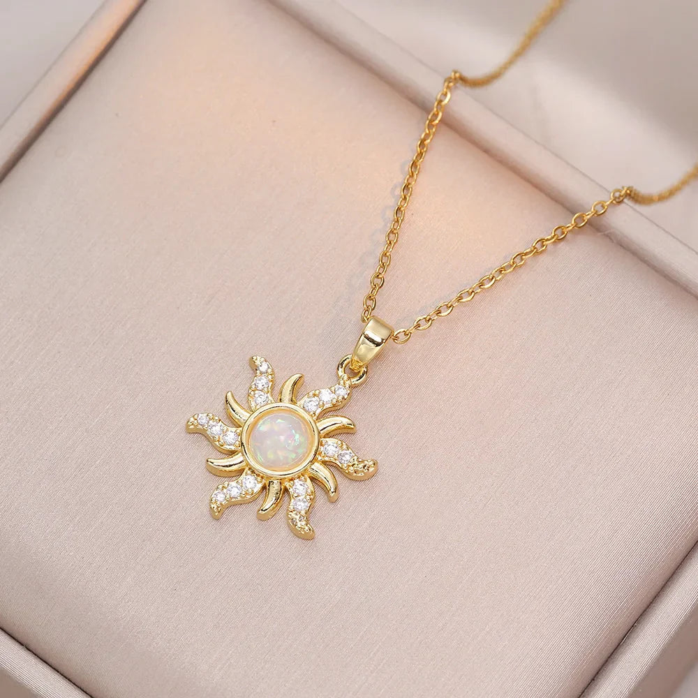 Sun Necklace, Woman Jewelry ,Fashion Wedding Party Accessories Gold Plated, Opal Sun Pendant ,Rapunzel Choker, Gift