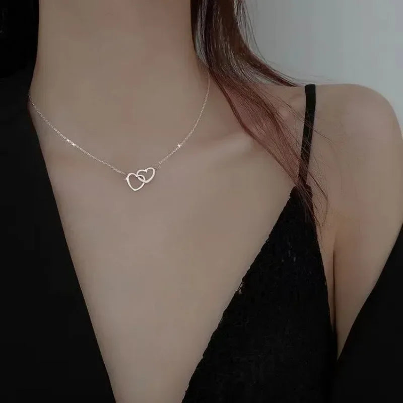 Simple Double Heart Pendant Necklace Couple Stainless Steel Choker Gold Color Chain Wedding Party Friends Jewelry Gift – Halskette