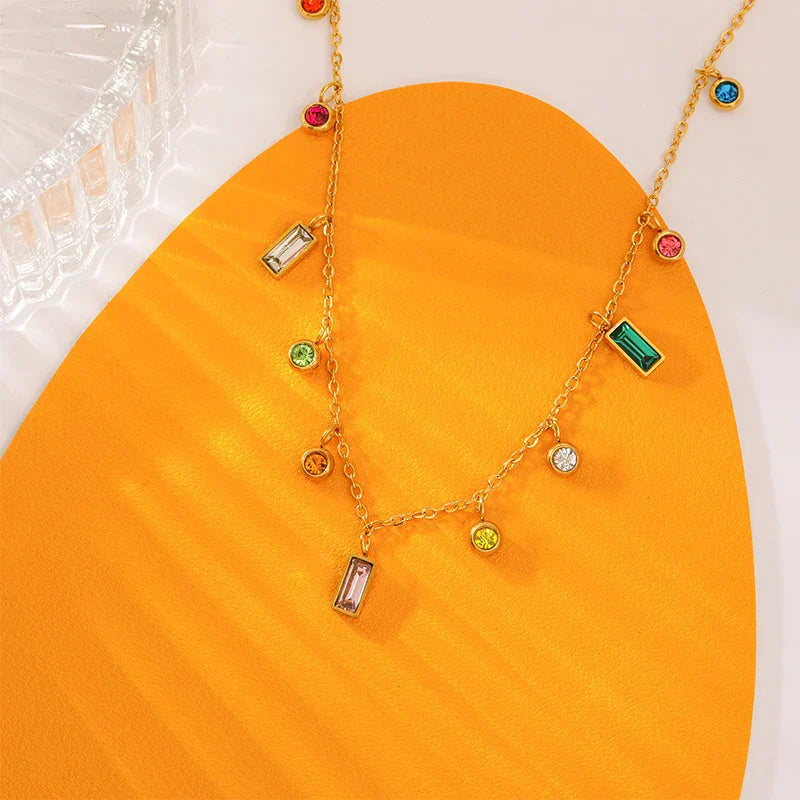 EILIECK 316L Stainless Steel Geometric Colorful Crystal Zirconia Pendant Necklace For Women Fashion Neck Chain Jewelry Gift