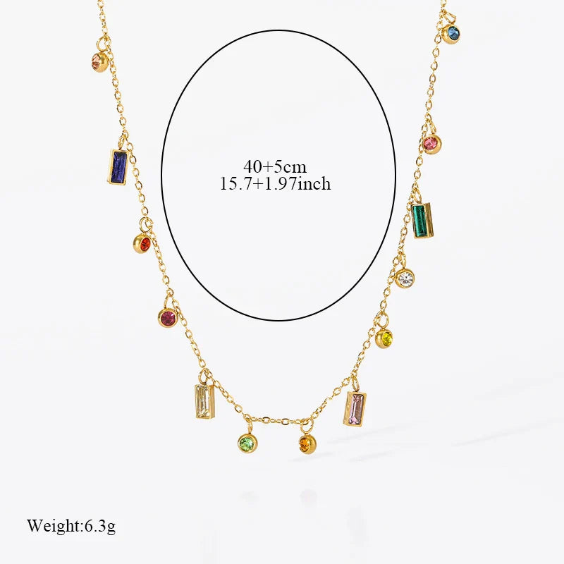 EILIECK 316L Stainless Steel Geometric Colorful Crystal Zirconia Pendant Necklace For Women Fashion Neck Chain Jewelry Gift