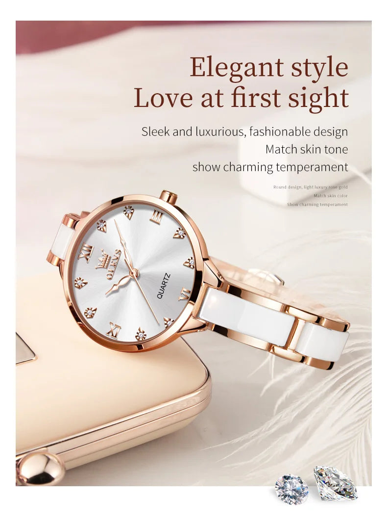 Olevs 5872 Women's Quartz Watch – Elegant Ceramic Wristwatch, Waterproof, Japanese Movement