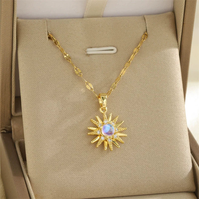 Sun Necklace, Woman Jewelry ,Fashion Wedding Party Accessories Gold Plated, Opal Sun Pendant ,Rapunzel Choker, Gift