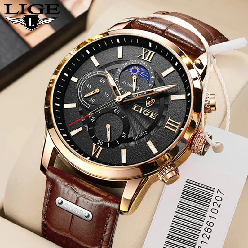 Herren Chronograph – Luxus Quarz-Armbanduhr mit Mondphase & Lederarmband | Sportlich & Elegant | 3ATM Wasserdicht