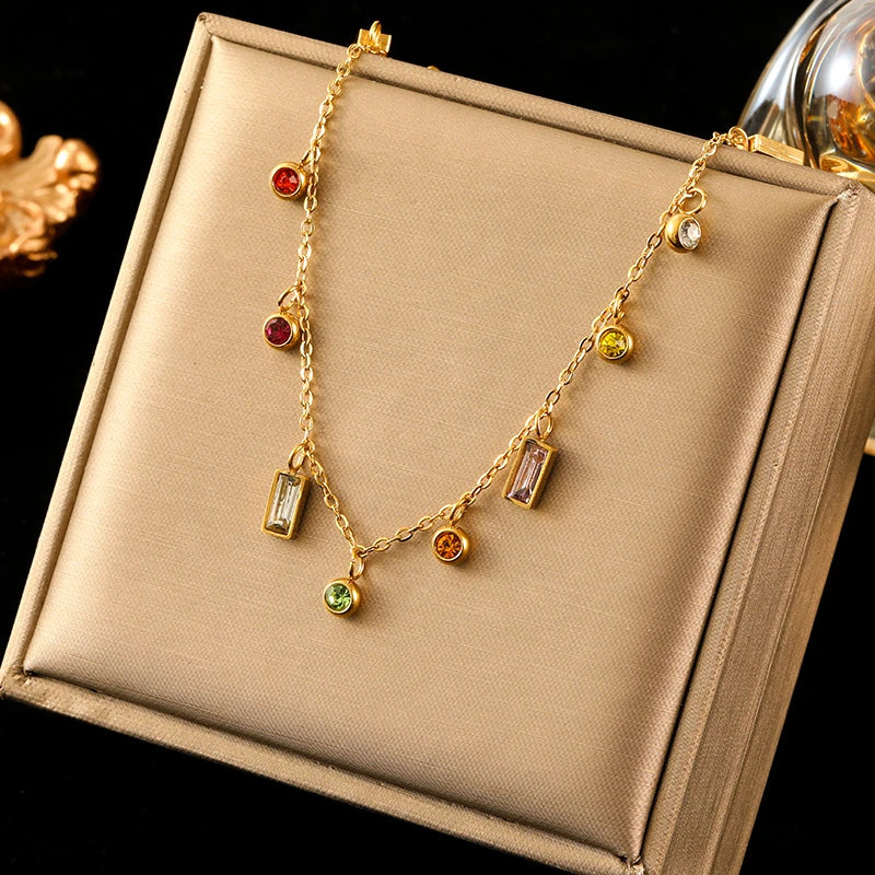 EILIECK 316L Stainless Steel Geometric Colorful Crystal Zirconia Pendant Necklace For Women Fashion Neck Chain Jewelry Gift