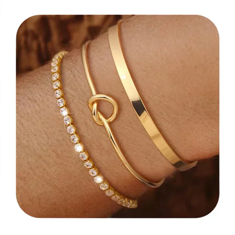 3pcs Stainless Steel Gold Plated Bracelets Adjustable Jewelry Gifts Luxury Zircon Chain Bangles Jewelry Accessories – Necklace