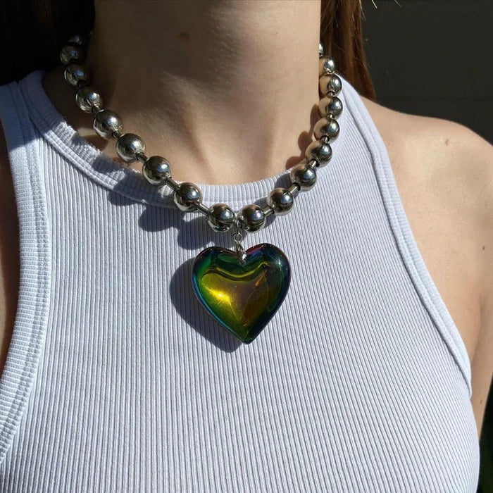 Grunge Fashion Glass Heart Pendant Necklace Y2K Oversize Ball Beads Chain Statement Choker Necklace for Women Club Punk Jewelry