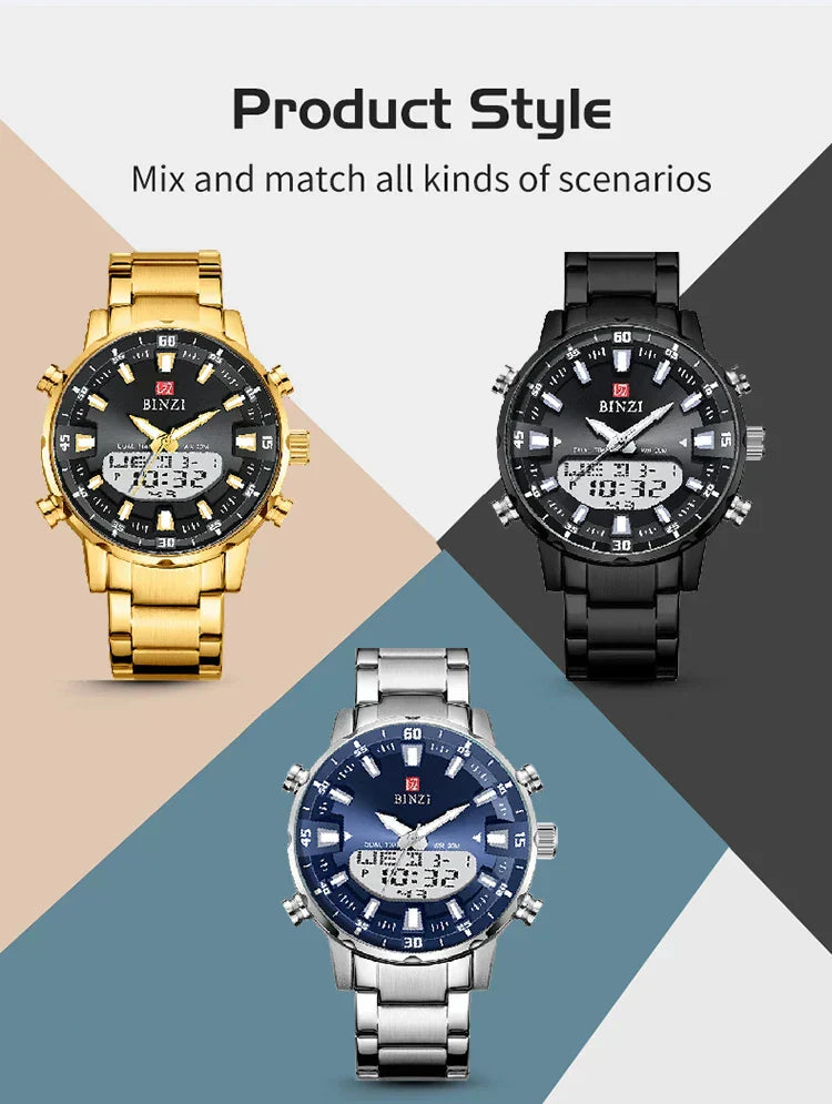 Luxury Men's Wristwatch 2025 – Golden Stainless Steel Watch with Dual Display | Relogio Masculino