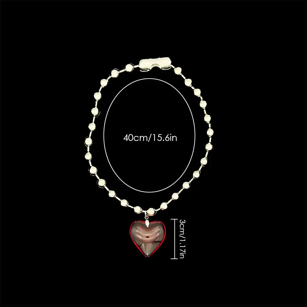 Grunge Fashion Glass Heart Pendant Necklace Y2K Oversize Ball Beads Chain Statement Choker Necklace for Women Club Punk Jewelry