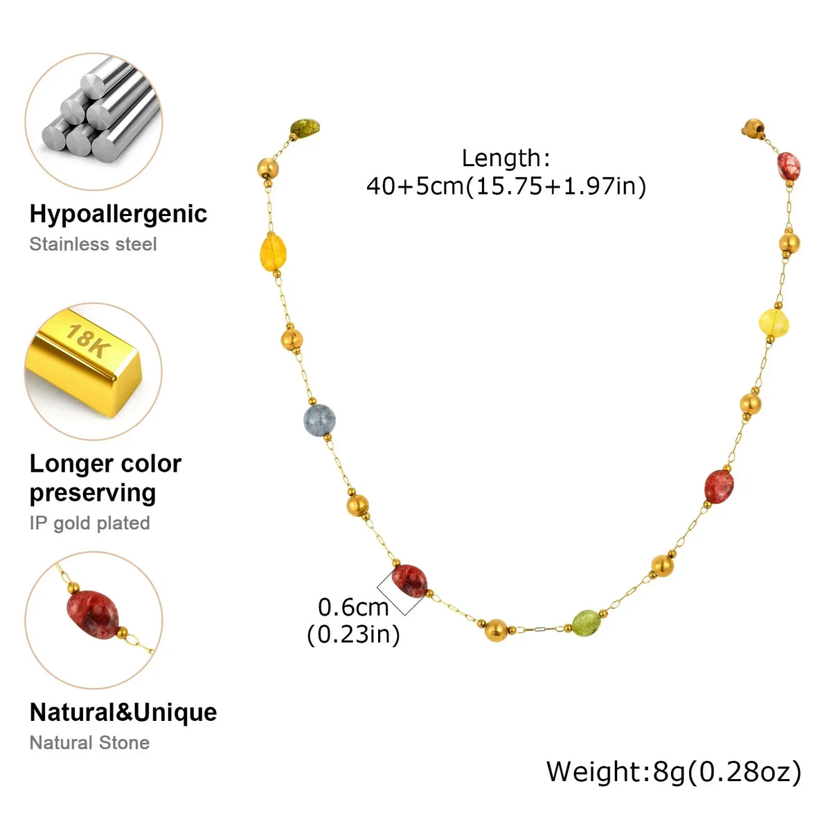 Summer Colorful Rainbow Natural Stone Boho Necklace for Women, Stainless Steel Beaded Chain Y-Shaped Necklace, Fashion Jewelry