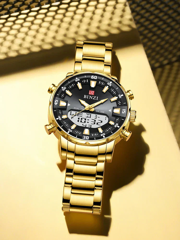 Luxury Men's Wristwatch 2025 – Golden Stainless Steel Watch with Dual Display | Relogio Masculino
