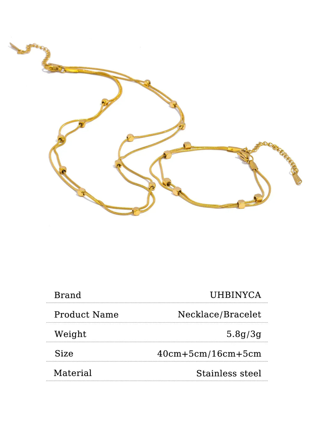 Double Layer Chain Necklace & Bracelet for Women, 18K Gold Plated Stainless Steel, Minimalist Hypoallergenic Daily Wear Jewelry