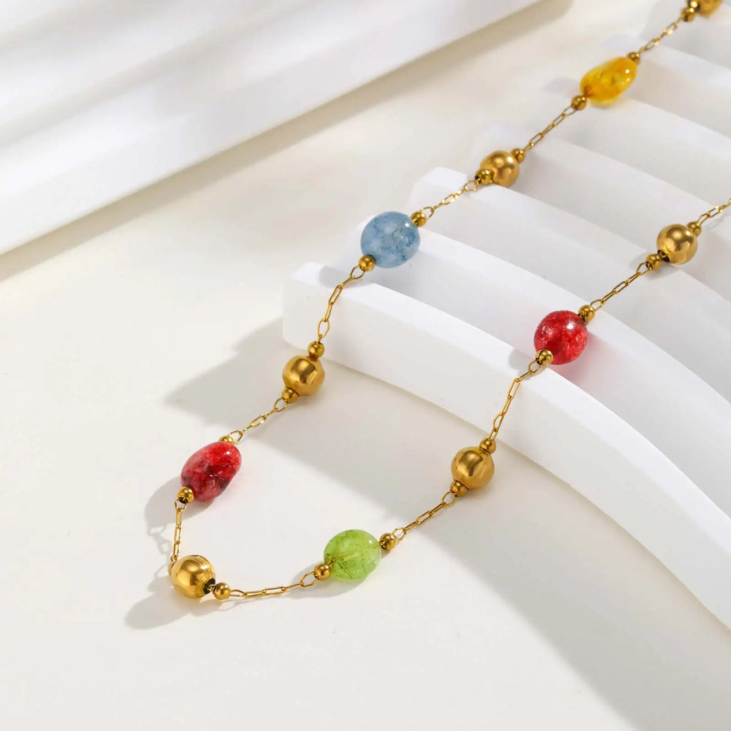 Summer Colorful Rainbow Natural Stone Boho Necklace for Women, Stainless Steel Beaded Chain Y-Shaped Necklace, Fashion Jewelry