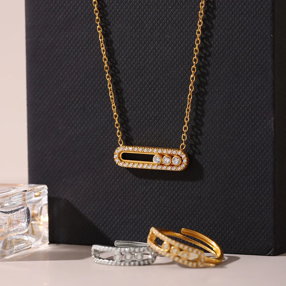 Stainless Steel 18K Chain Gold Color Luxury Necklace Shiny Zirconia Hollow Pendant Necklace Ring Jewelry Set Gift