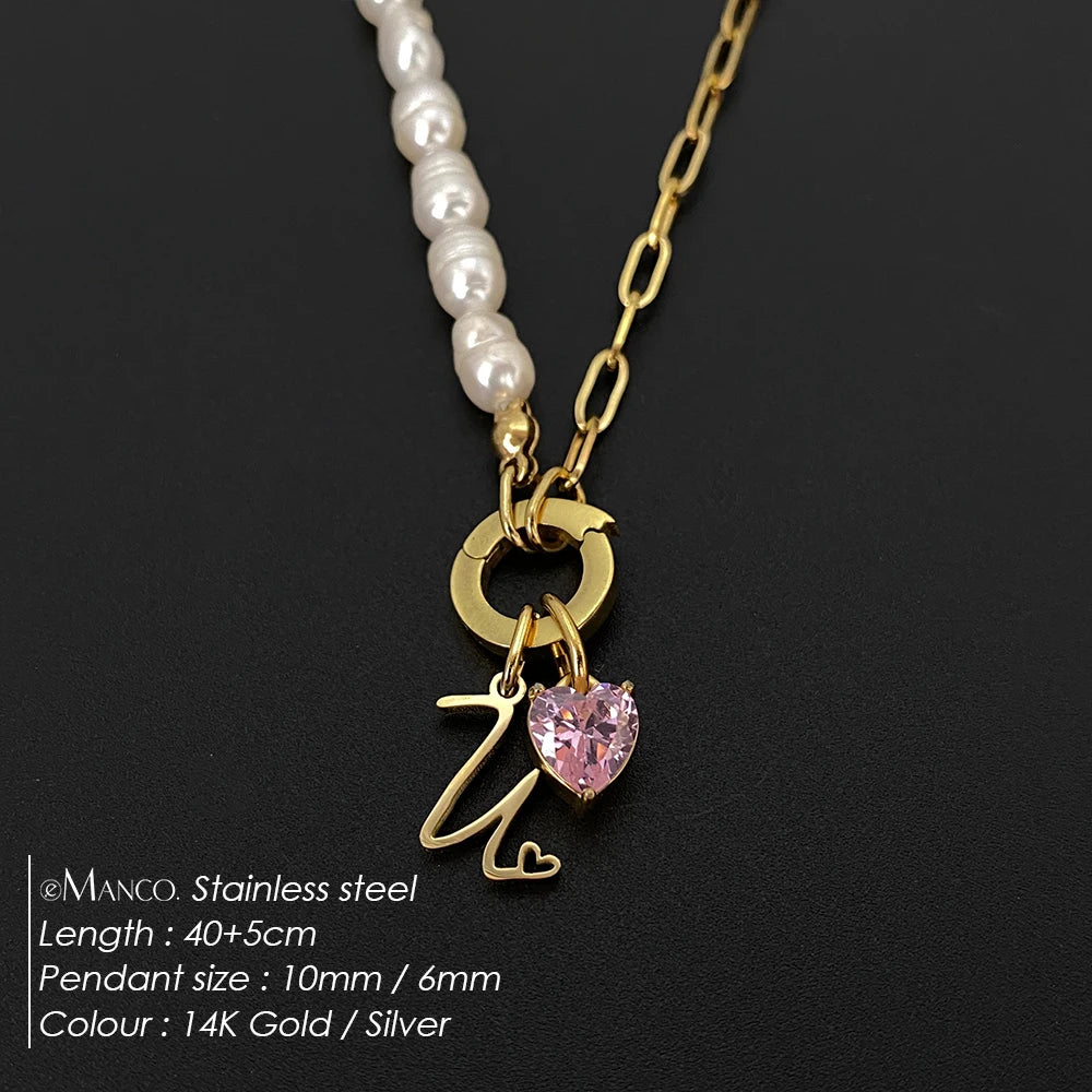 eManco Natural Freshwater Pearl Heart Stainless Steel Cubic Zirconia Pendant Necklace Aesthetic Luxury Chain Jewelry Gift – Halskette