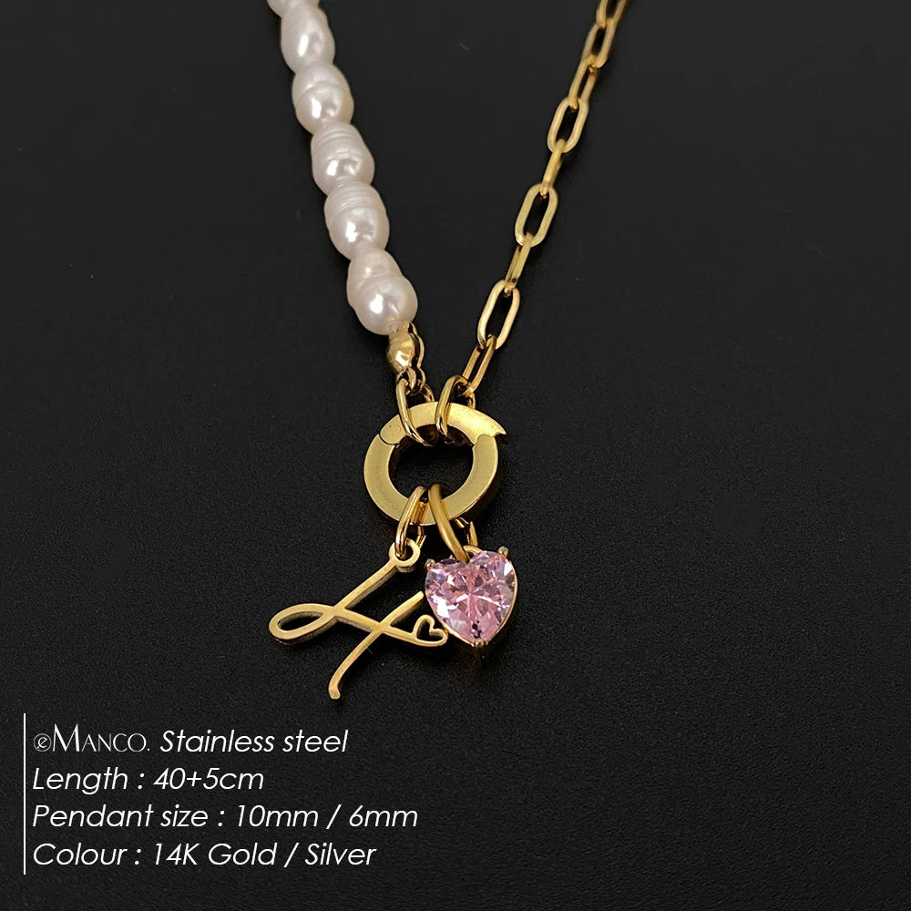 eManco Natural Freshwater Pearl Heart Stainless Steel Cubic Zirconia Pendant Necklace Aesthetic Luxury Chain Jewelry Gift – Halskette