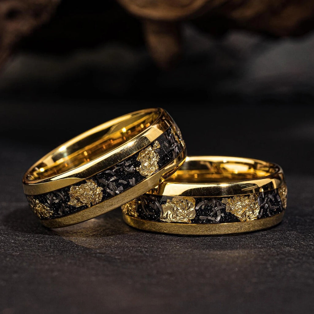 Tungsten Herrenring mit Meteorit & Goldblatt