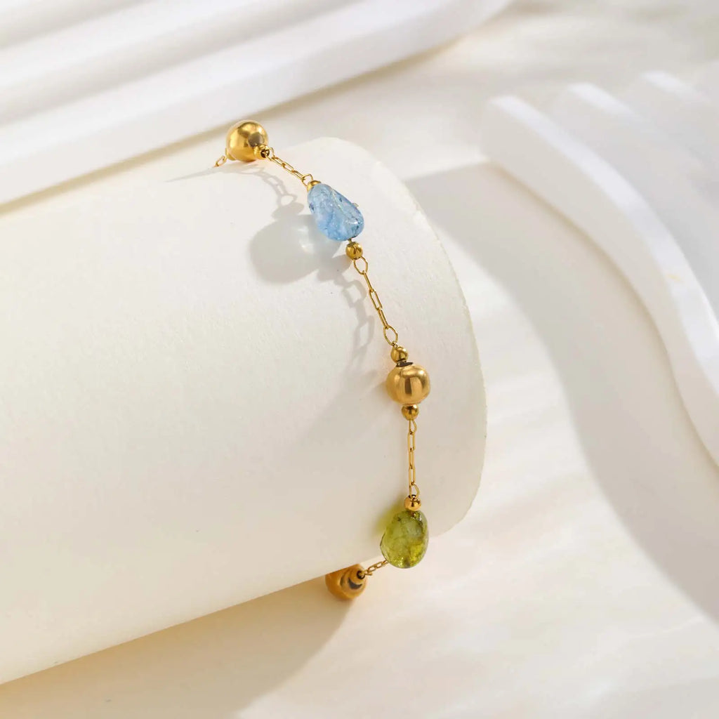 Summer Colorful Rainbow Natural Stone Boho Necklace for Women, Stainless Steel Beaded Chain Y-Shaped Necklace, Fashion Jewelry