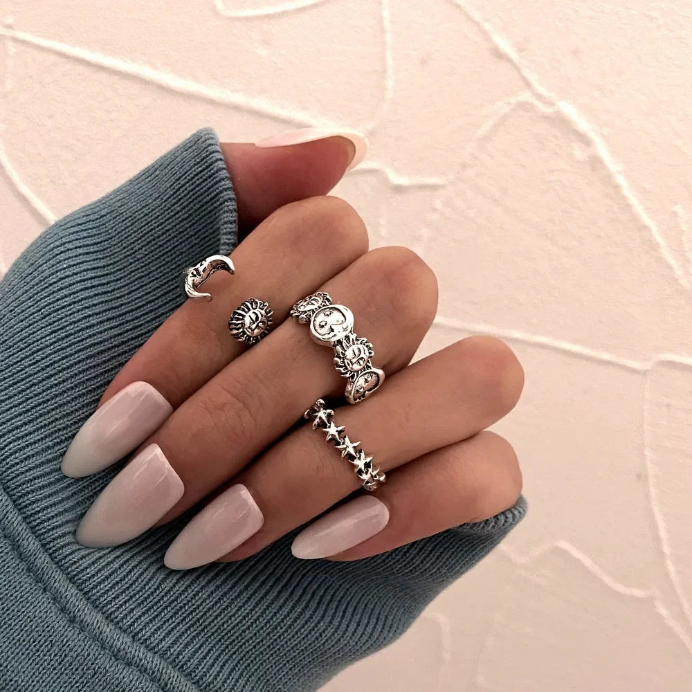 LATS Vintage Pink Roman Numerals Cool Rings Set Rock Hip Hop Twist Geometry Open Ring Fashion Ins Jewelry Gifts