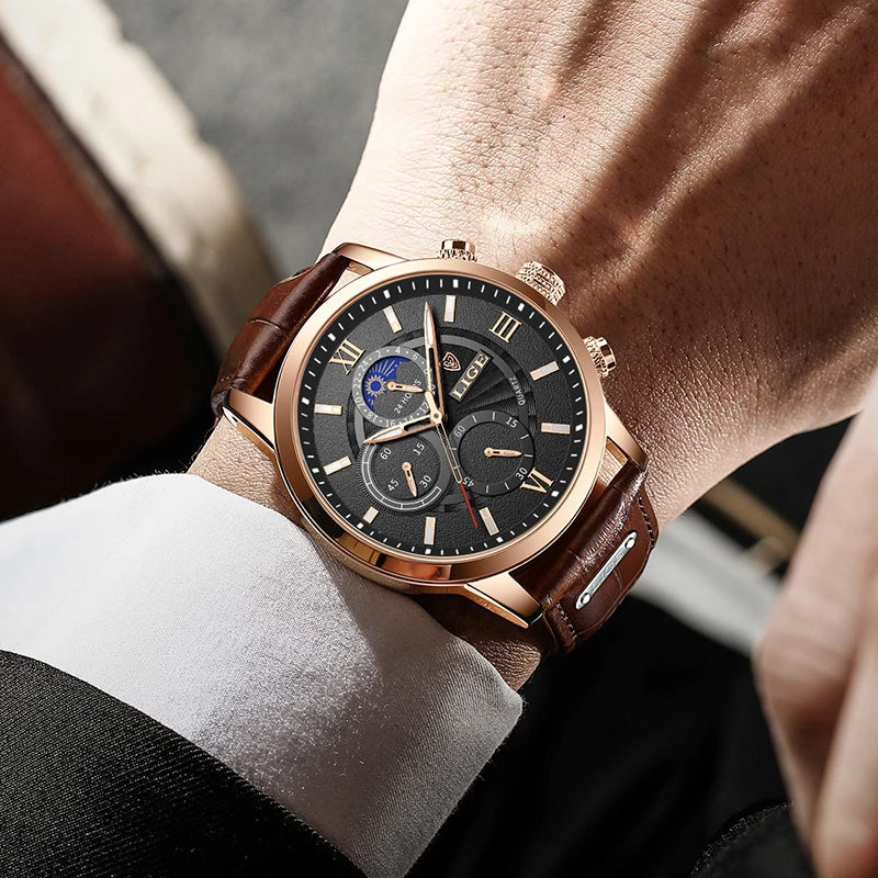 Herren Chronograph – Luxus Quarz-Armbanduhr mit Mondphase & Lederarmband | Sportlich & Elegant | 3ATM Wasserdicht