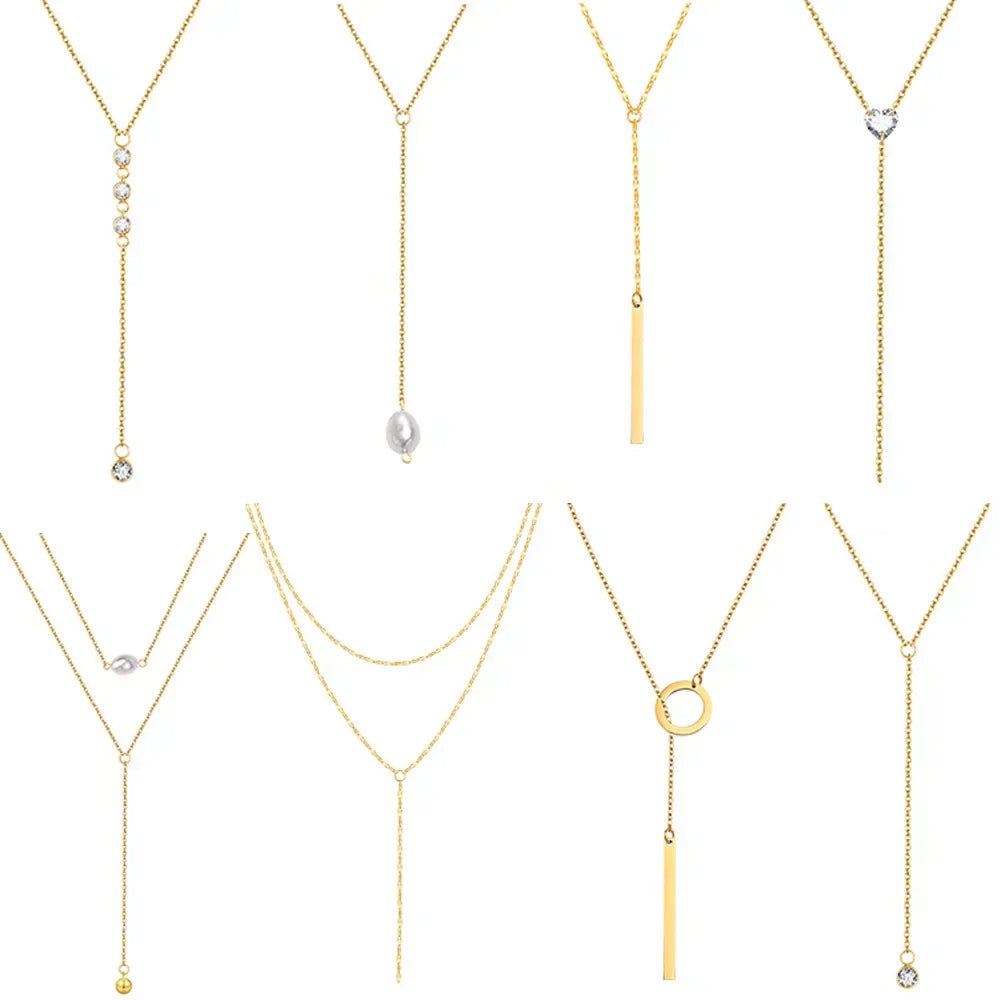 Y Lariat Necklace with Bar Pendant, Stainless Steel Long Chain, Women's Trendy Necklaces