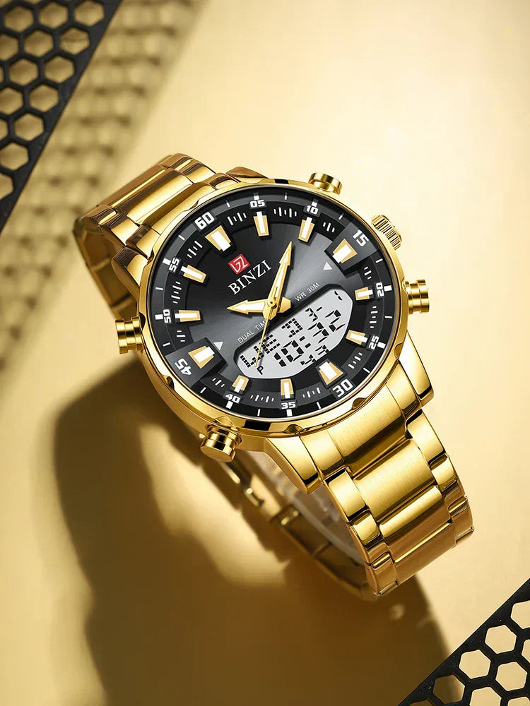 Luxury Men's Wristwatch 2025 – Golden Stainless Steel Watch with Dual Display | Relogio Masculino