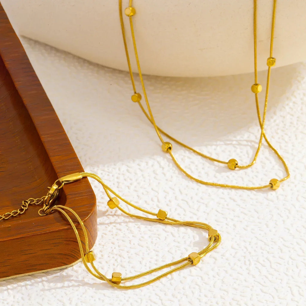 Double Layer Chain Necklace & Bracelet for Women, 18K Gold Plated Stainless Steel, Minimalist Hypoallergenic Daily Wear Jewelry