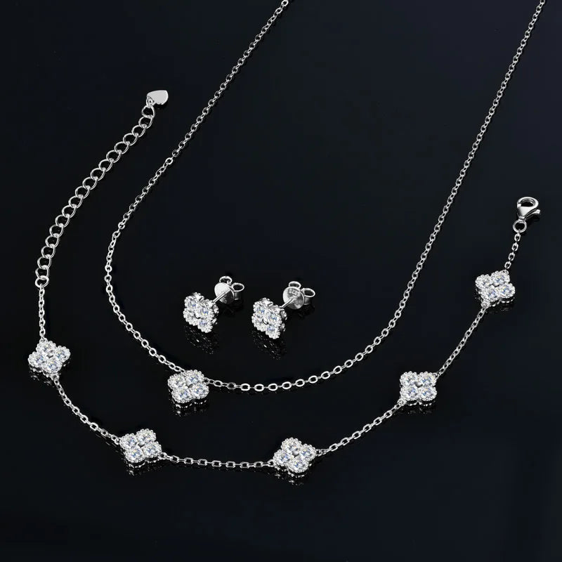 IOGOU 3 In 1 Clover Flower Jewelry Sets Silver 3mm D Moissanite Pendant Necklace Bracelet Stud Earrings Sets Charm