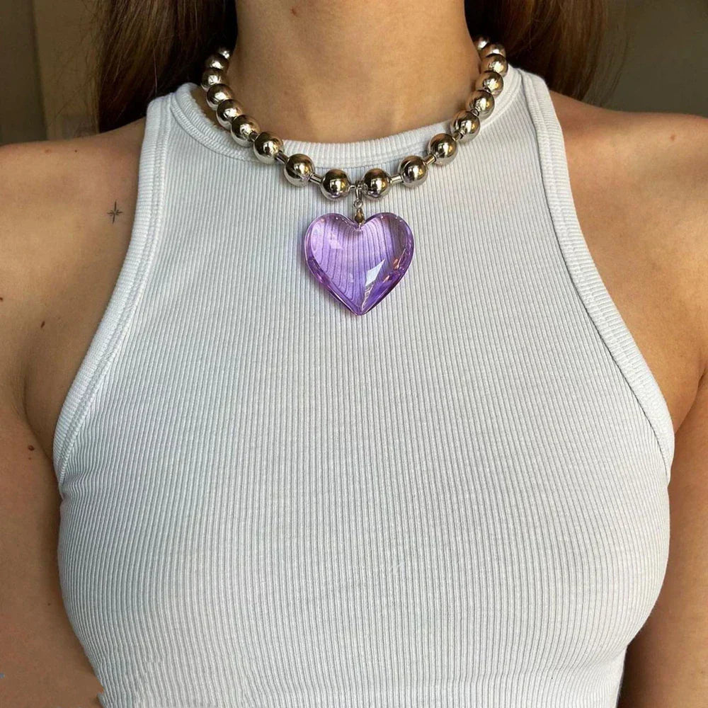 Grunge Fashion Glass Heart Pendant Necklace Y2K Oversize Ball Beads Chain Statement Choker Necklace for Women Club Punk Jewelry
