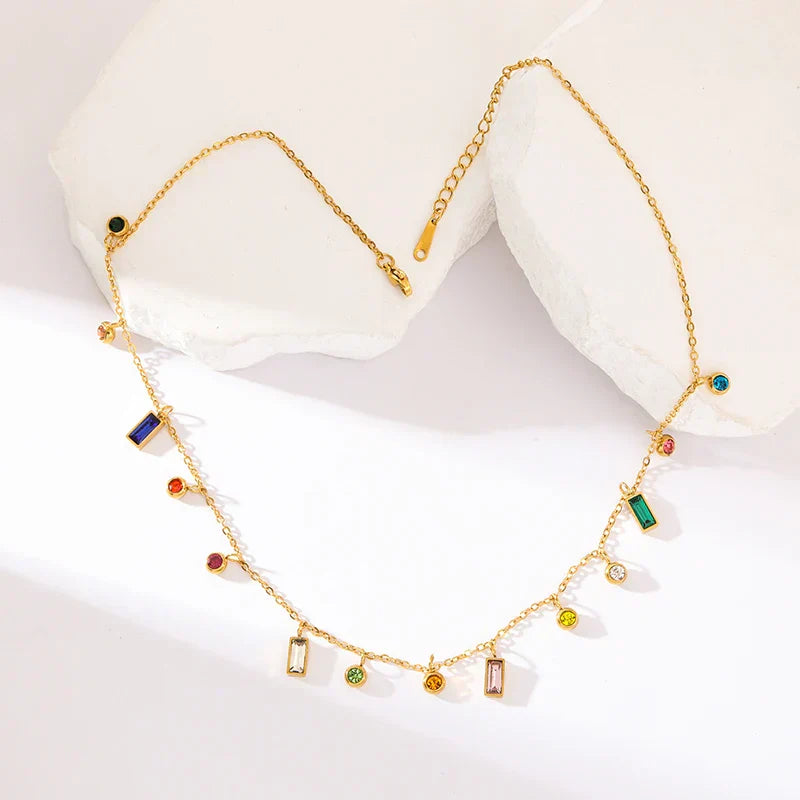 EILIECK 316L Stainless Steel Geometric Colorful Crystal Zirconia Pendant Necklace For Women Fashion Neck Chain Jewelry Gift
